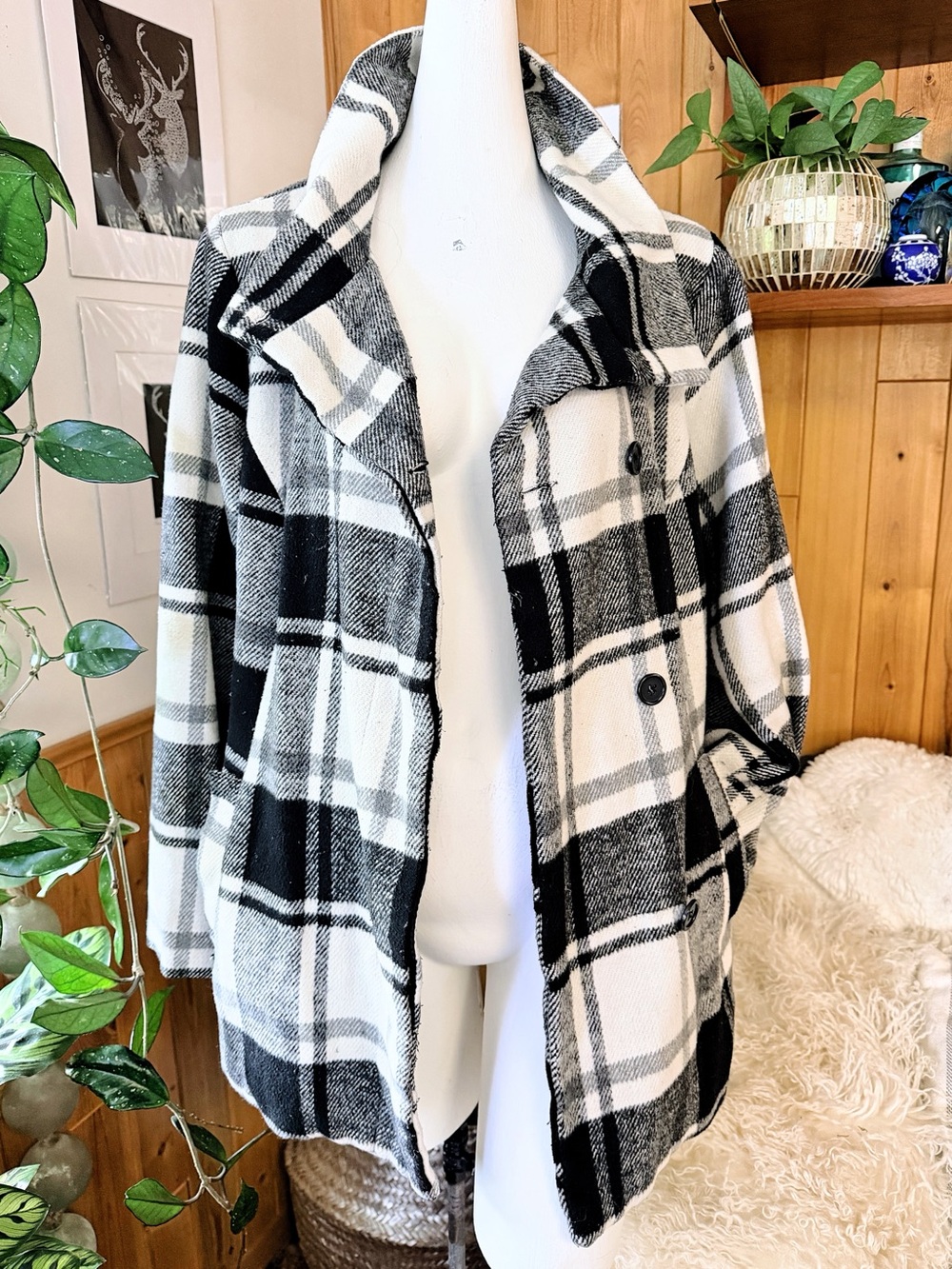 Ava & Viv Black White Plaid Asymmetrical Coat Jacket Size 1X